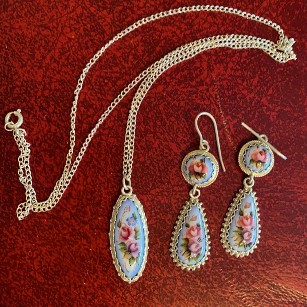 Russian traditional enamel silver jewelry set